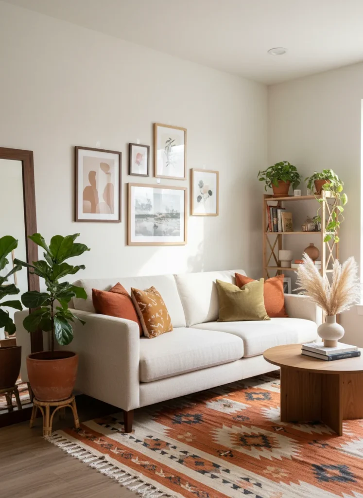 Editorial interior photography of a 580 square foot apartment living room that looks beautifully designed despite being a rental, all furniture is freestanding, all wall art hung with removable strips, a large leaning mirror against the wall, a bold area rug as the floor anchor, bold throw pillows on a cream sofa, a large plant in a terracotta planter, the space looks intentional and personal without any permanent modifications visible, warm earthy palette, photorealistic, ultra high resolution, no people, no text, vertical portrait 1000x1500