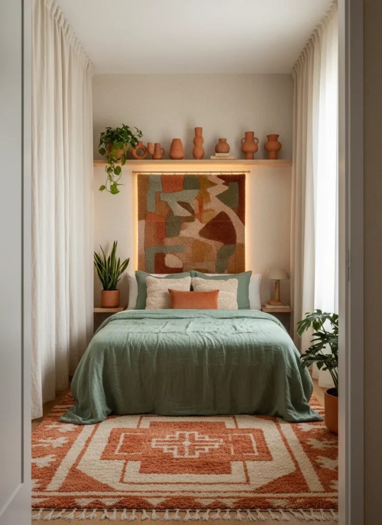Editorial interior photography showing the layered approach to dopamine decorating for renters, viewed from the doorway of a small bedroom, the layers visible from floor to ceiling: large bold geometric rug in terracotta and cream on the floor, cream linen curtains from ceiling to floor, jade green linen bedding on the bed, a tapestry on the wall behind the headboard, LED warm glow behind the headboard, floating shelf with terracotta ceramics, the room is fully styled through layers with no painted surfaces, earthy warm palette, photorealistic, ultra high resolution, no people, no text, vertical portrait 1000x1500
