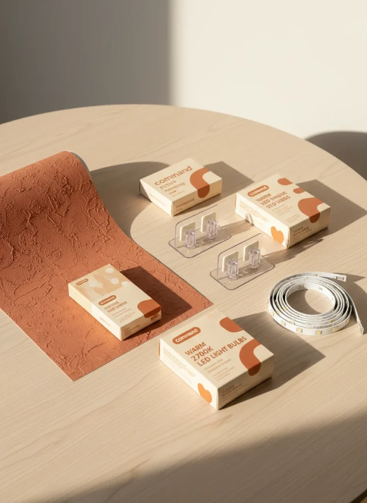 Editorial interior photography of a flat lay on a light wood table showing the damage-free toolkit for renter dopamine decorating, arranged neatly: a roll of peel-and-stick wallpaper in terracotta texture, a pack of command picture hanging strips, a box of warm 2700K LED light bulbs, a set of adhesive floating shelf brackets, a roll of warm LED strip lights, all products clearly labeled, warm directional light from the upper left, cream and terracotta palette, photorealistic, ultra high resolution, no people, no text, vertical portrait 1000x1500