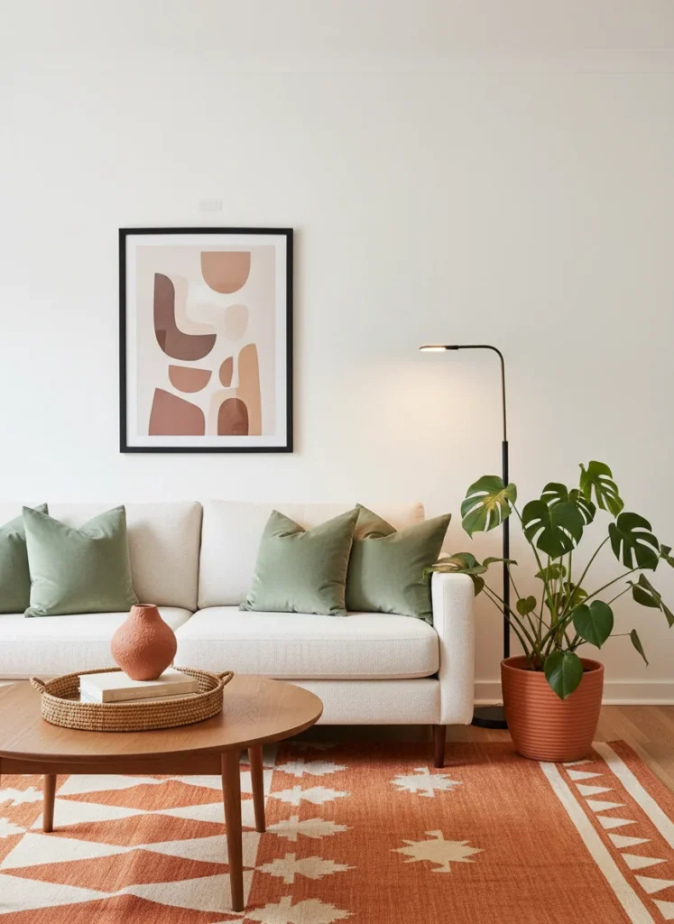 Editorial interior photography of a small rental living room styled for dopamine decorating, white walls untouched, all color introduced through: a large bold terracotta and cream geometric rug, sage green velvet throw pillows on a cream sofa, a large abstract print in a matte black frame hung with adhesive strips, a trailing monstera in a terracotta planter in the corner, warm arc floor lamp, a coffee table styled with a woven tray, terracotta vase and a stack of books, warm earthy palette throughout, photorealistic, ultra high resolution, no people, no text, vertical portrait 1000x1500