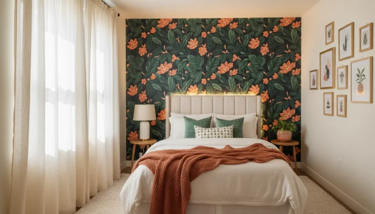 Editorial interior photography of a small rental apartment bedroom styled in a bold dopamine decorating aesthetic with zero paint used, the accent wall behind the bed covered in removable dark botanical peel-and-stick wallpaper, gallery wall of frames on the side wall hung with command strips, ceiling-height sheer curtains on tension rods, warm LED strip lighting behind the headboard, all elements visibly removable and damage-free, terracotta and jade green palette, warm golden light, photorealistic, ultra high resolution, no people, no text, vertical portrait 1000x1500
