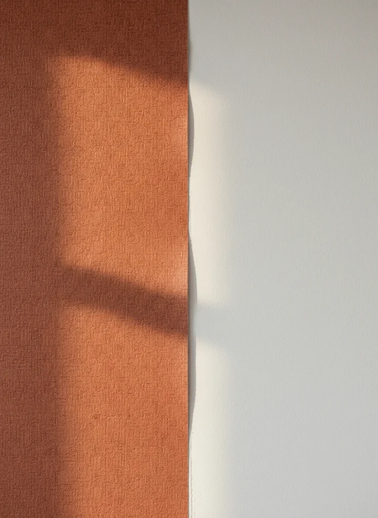 Editorial interior photography showing a close-up detail of removable peel-and-stick wallpaper being applied to a white apartment wall, one half of the wall showing the finished deep terracotta textured pattern, the other half still white, the transition line between the two showing cleanly where the wallpaper edge meets the bare wall, warm afternoon light from the left showing the texture of the wallpaper surface, photorealistic, ultra high resolution, no people, no text, vertical portrait 1000x1500