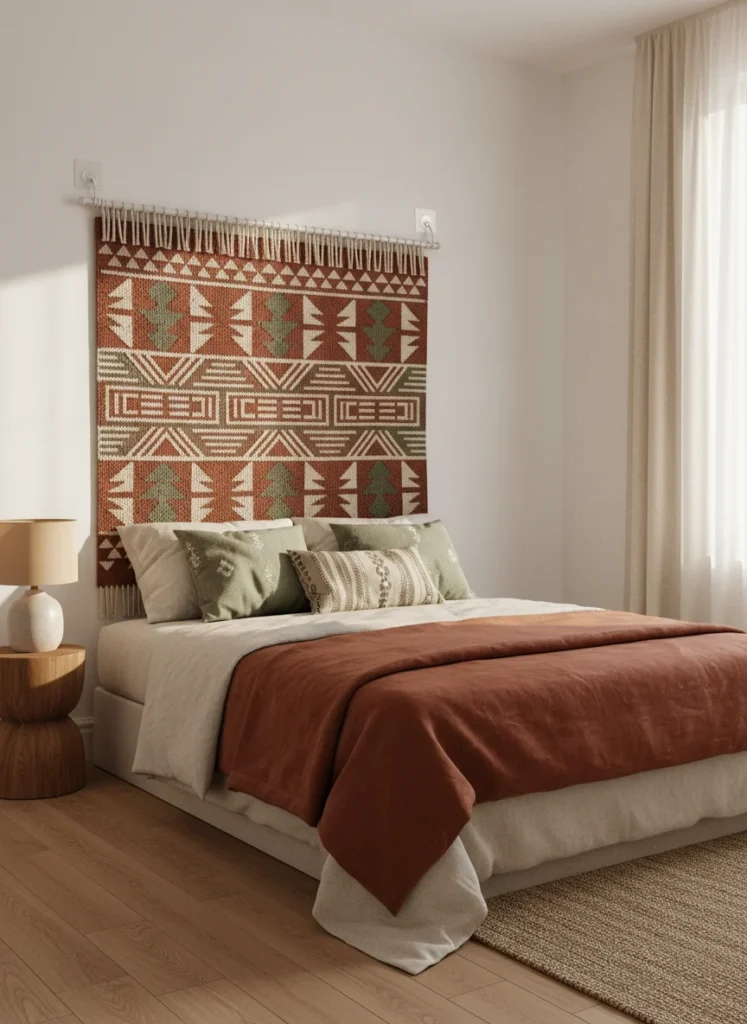 Editorial interior photography of a small bedroom with a large woven wall tapestry hung using command hooks on the wall behind the bed, the tapestry is approximately the full width of a queen bed in deep terracotta, cream and sage green geometric patterns, the tapestry functions as both a headboard and a full wall color statement, white walls visible on either side of the tapestry, warm afternoon light, the room palette matches the tapestry colors, photorealistic, ultra high resolution, no people, no text, vertical portrait 1000x1500
