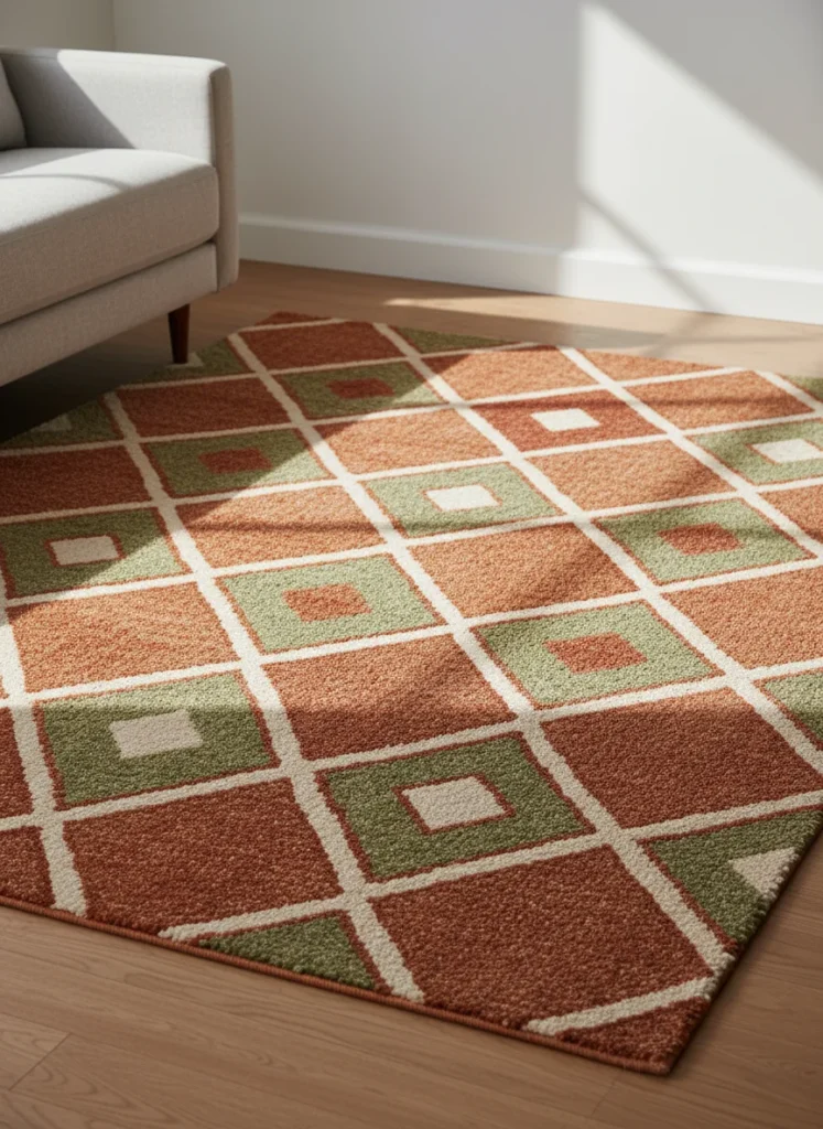 Editorial interior photography of a small living room floor showing a large bold patterned area rug approximately 8 by 10 feet in deep terracotta, cream and sage green geometric diamond pattern, the rug fills most of the visible floor, sofa legs resting on the rug, the bold rug is the dominant color element in the room, a plain white wall visible in the background, warm morning light, earthy palette, photorealistic, ultra high resolution, no people, no text, vertical portrait 1000x1500