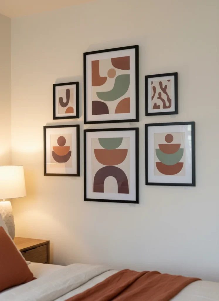  Editorial interior photography of a small apartment bedroom side wall showing a gallery wall of seven framed art prints arranged in a dynamic asymmetric layout, all frames in matte black, prints in the dopamine decorating palette of terracotta, sage green, cream and plum, sizes ranging from 8x10 to 24x18, mounted with removable adhesive strips leaving no wall damage, warm directional lamp light from the left, photorealistic, ultra high resolution, no people, no text, vertical portrait 1000x1500