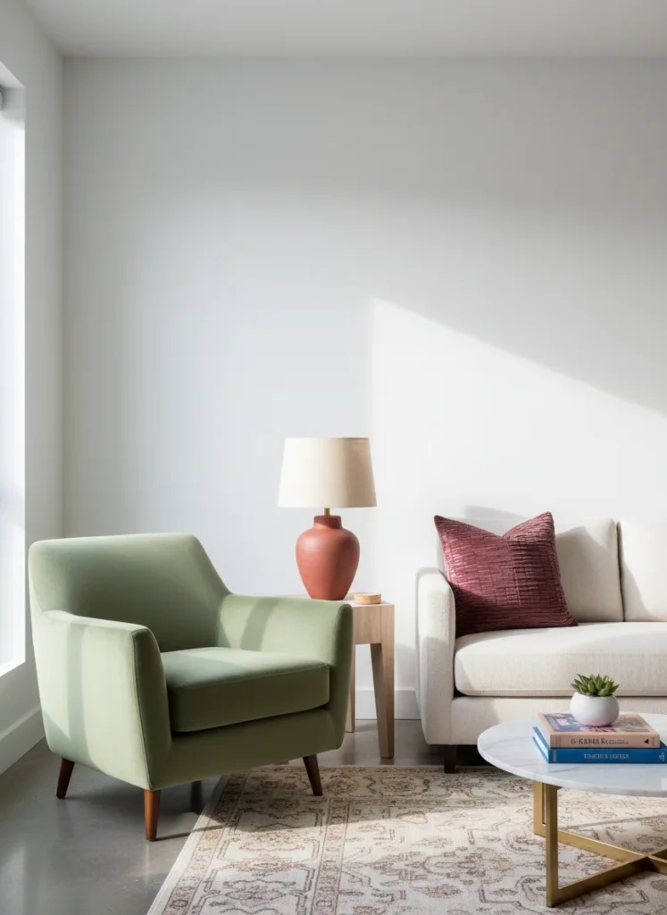 Editorial interior photography of a small apartment living room with all-white walls, the color story told entirely through furniture and objects, a sage green velvet armchair in the corner, a deep terracotta ceramic table lamp on the side table beside it, a large plum velvet throw pillow on a cream sofa in the background, the white walls making each colored piece stand out more clearly, warm afternoon light, photorealistic, ultra high resolution, no people, no text, vertical portrait 1000x1500