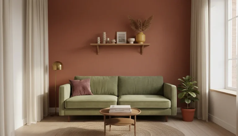 Editorial interior photography of a small apartment living room showing a complete dopamine decorating color palette in action, one wall painted in deep terracotta, a sage green velvet sofa against it, cream linen curtains, a plum velvet accent pillow, a warm butter yellow ceramic vase on the shelf, all colors coexisting in a warm earthy harmony, natural afternoon light, no people, no text, photorealistic, ultra high resolution, vertical portrait 1000x1500