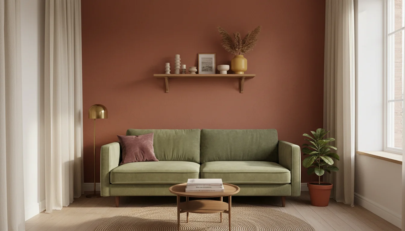 Editorial interior photography of a small apartment living room showing a complete dopamine decorating color palette in action, one wall painted in deep terracotta, a sage green velvet sofa against it, cream linen curtains, a plum velvet accent pillow, a warm butter yellow ceramic vase on the shelf, all colors coexisting in a warm earthy harmony, natural afternoon light, no people, no text, photorealistic, ultra high resolution, vertical portrait 1000x1500