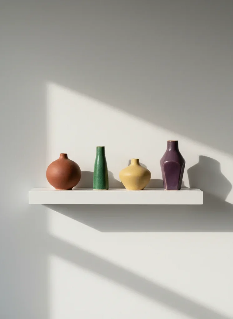 Editorial interior photography of four small ceramic vases arranged on a white floating shelf, each in a different 2026 dopamine decorating color: deep terracotta, rich jade green, warm butter yellow, and plum noir purple, each vase a slightly different organic shape, warm directional side lighting creating shadows that emphasize the colors, white wall behind, earthy warm palette, photorealistic, ultra high resolution, no people, no text, vertical portrait 1000x1500