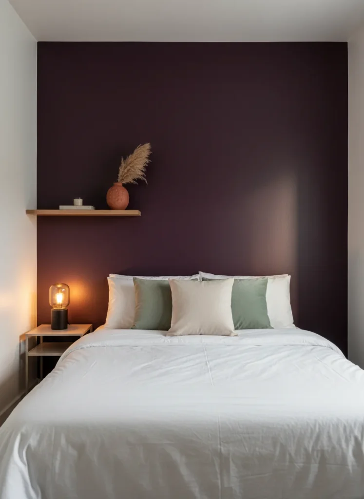 Editorial interior photography of a small apartment bedroom accent wall in deep plum noir, a dark purple with warm undertones, a white bed with cream and sage green bedding pushed against it, warm bedside lamp casting golden light on the plum wall revealing its depth and warmth, the contrast between the deep plum wall and the light bedding is dramatic and beautiful, terracotta ceramic vase on a floating shelf, photorealistic, ultra high resolution, no people, no text, vertical portrait 1000x1500