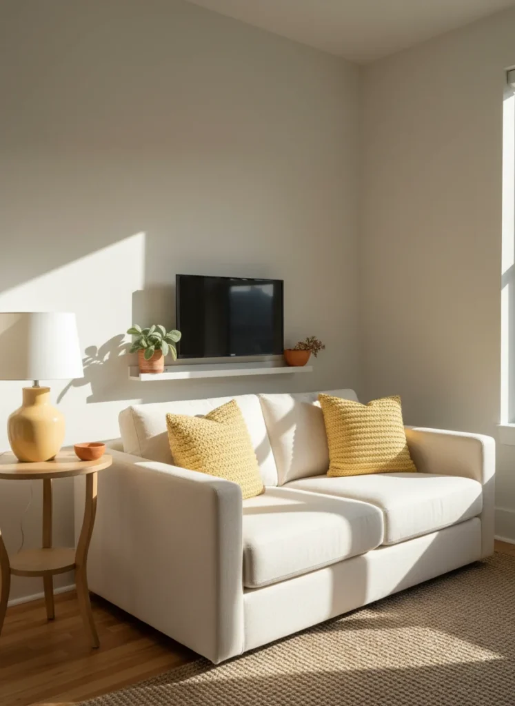 Editorial interior photography of a small apartment living room showing butter yellow as an accent color, two butter yellow textured throw pillows on a cream sofa, a butter yellow ceramic table lamp on the side table, warm afternoon natural light making the yellow glow, the yellow accents paired with terracotta accessories and sage green plant, the room feels bright and warm without the yellow being overwhelming, photorealistic, ultra high resolution, no people, no text, vertical portrait 1000x1500