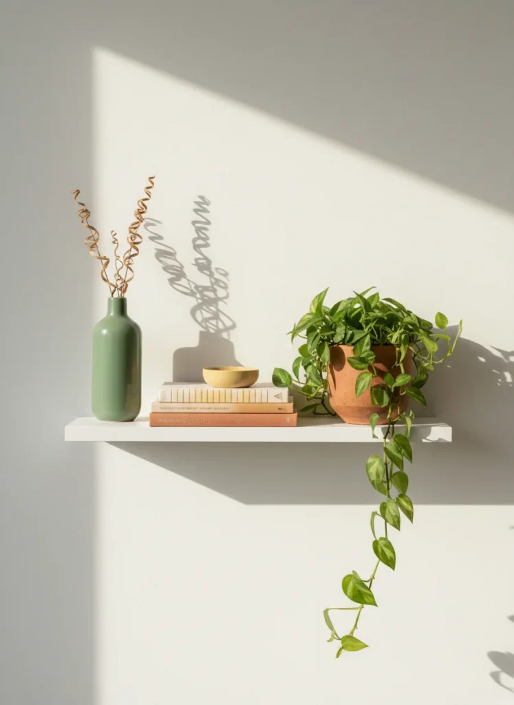 Editorial interior photography of a small apartment shelf styled to demonstrate dopamine decorating color palette combination, from left to right: a tall jade green ceramic vase with dried stems, a stack of three books with cream and terracotta spines, a small round butter yellow ceramic dish, a trailing pothos plant in a terracotta pot, all elements are in the earthy 2026 dopamine decorating palette, warm directional light from the upper right, white wall and white shelf background, photorealistic, ultra high resolution, no people, no text, vertical portrait 1000x1500