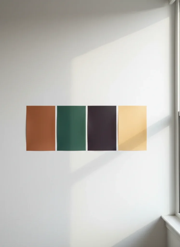 Editorial interior photography showing a close-up of a white apartment bedroom wall with four rectangular peel-and-stick paint sample swatches applied side by side, in terracotta, jade green, plum noir and butter yellow, the swatches are large enough to show how each color looks in the room's actual light, warm afternoon light from the right changing how each swatch reads, the rest of the wall is plain white, photorealistic, ultra high resolution, no people, no text, vertical portrait 1000x1500