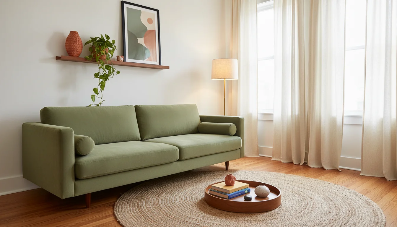 Editorial interior photography of a small apartment living room fully styled in a dopamine decorating aesthetic on a budget, a low-profile sage green velvet sofa against a white wall, large round jute rug on the floor, terracotta ceramic vase on a floating wood shelf, bold abstract art print in a matte black frame, trailing golden pothos on the shelf, floor-to-ceiling cream linen curtains, warm floor lamp in the corner casting golden light, eclectic personal objects on a coffee table tray, earthy palette of sage green, terracotta, cream and warm wood, photorealistic, ultra high resolution, no people, no text, vertical portrait 1000x1500
