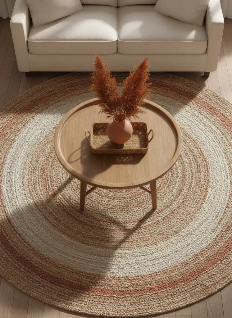 Editorial interior photography showing a top-down view of a small apartment living room with a large round jute and wool blend area rug in warm natural tones as the centerpiece, cream sofa cushions visible at the top edge, a round coffee table with a woven tray and terracotta vase in the center of the rug, the rug fills most of the visible floor, anchoring the furniture as a cohesive group, warm afternoon natural light, earthy cream and terracotta palette, photorealistic, ultra high resolution, no people, no text, vertical portrait 1000x1500
