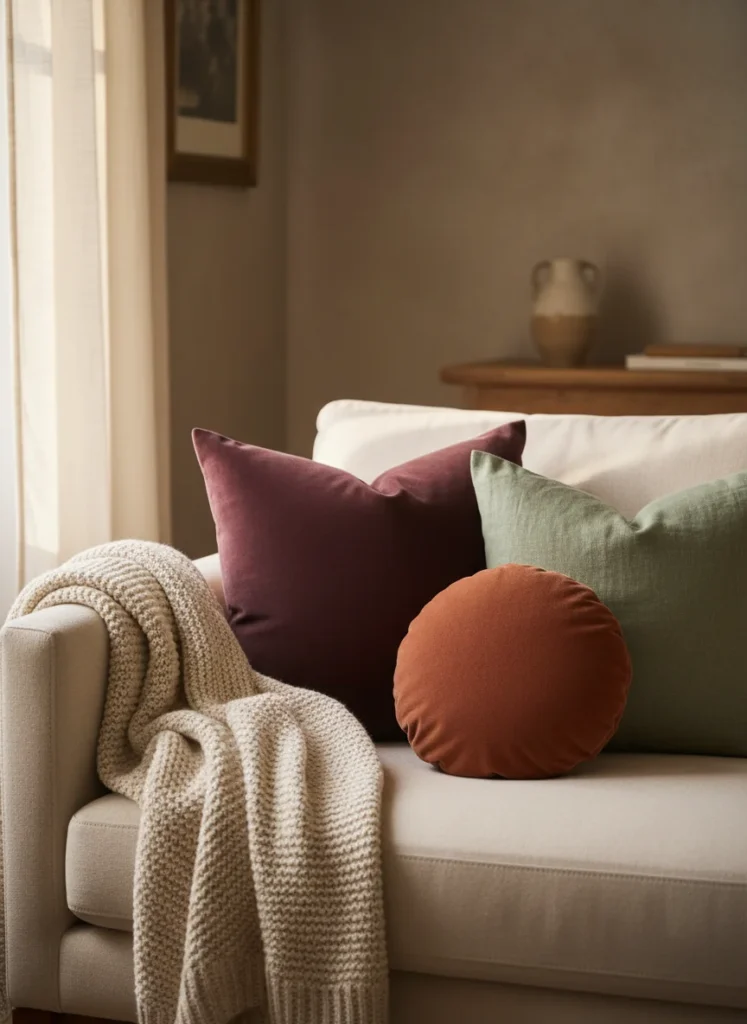  Editorial interior photography showing a close-up of a cream-colored sofa in a small living room styled with three throw pillows in different textures and sizes, a large square pillow in deep plum velvet, a medium lumbar pillow in sage green linen, a small round pillow in terracotta boucle, a cream chunky knit throw blanket draped loosely over the armrest, the pillow combination is eclectic but cohesive, warm afternoon light from the left, earthy accent palette, photorealistic, ultra high resolution, no people, no text, vertical portrait 1000x1500