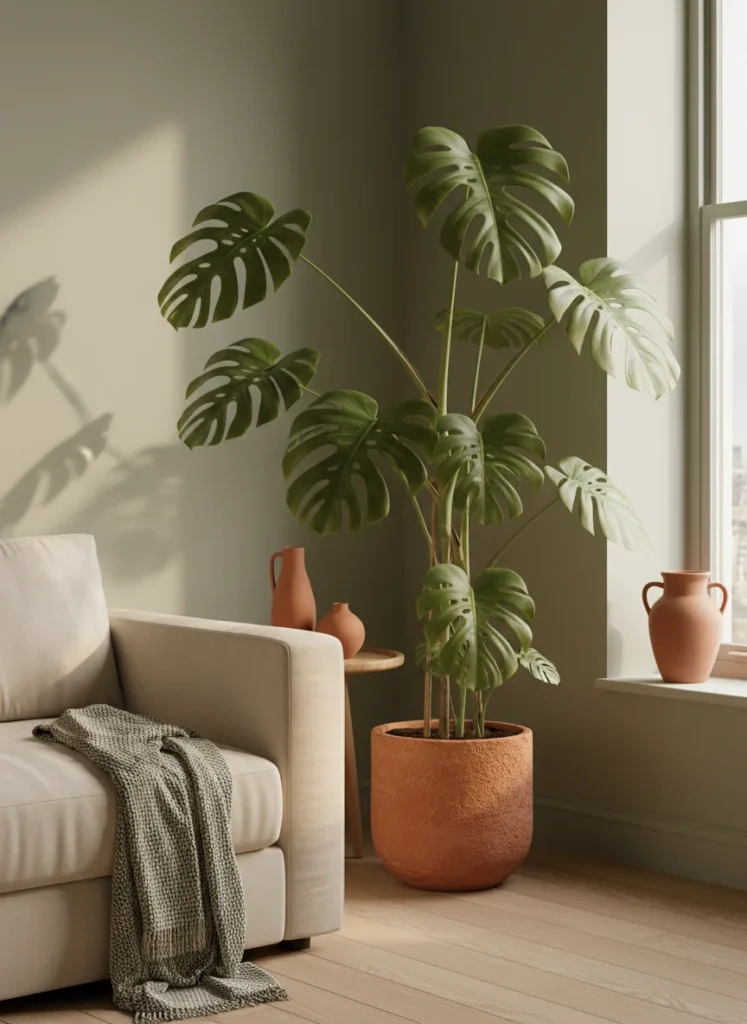 Editorial interior photography of a small apartment living room corner featuring a single large potted monstera plant approximately 4 feet tall in a round terracotta planter, positioned between the sofa and the window, the large tropical leaves catching natural afternoon light from the window, the plant creates a vertical living focal point in the corner, cream sofa visible to the left, warm natural light, sage green and terracotta accents, photorealistic, ultra high resolution, no people, no text, vertical portrait 1000x1500