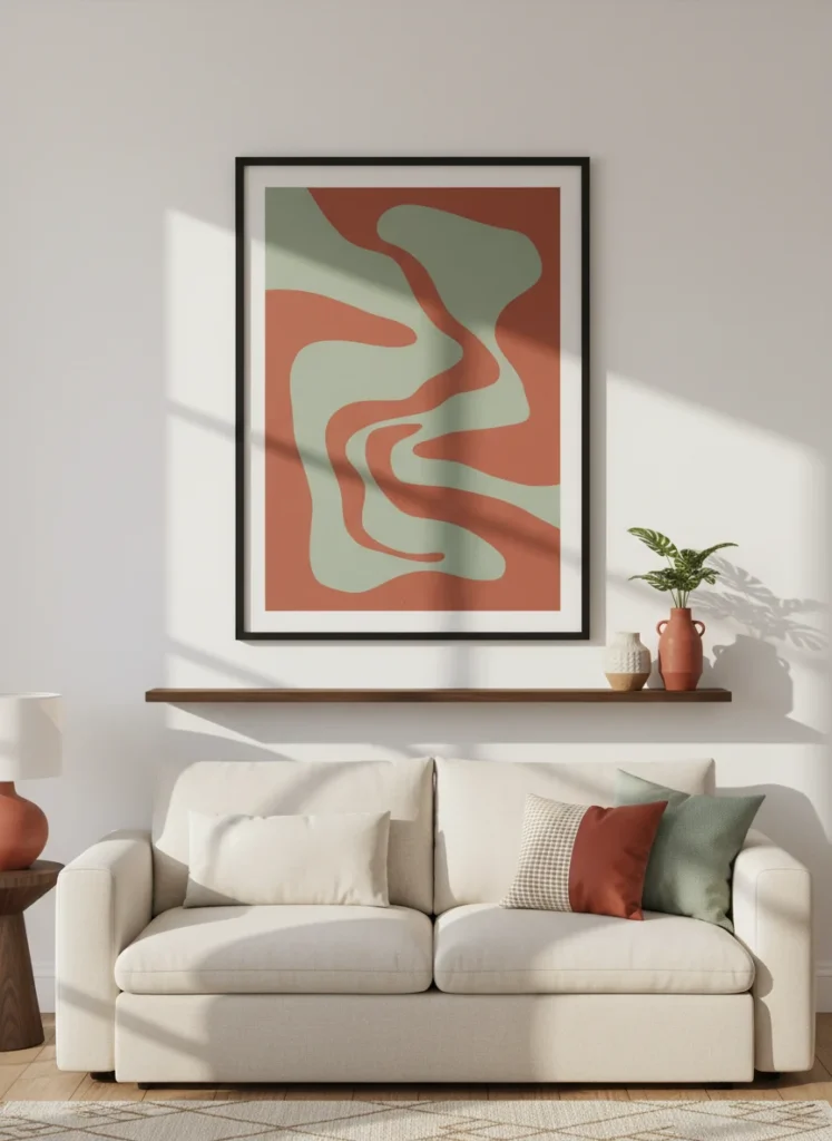 Editorial interior photography of a small apartment living room feature wall showing a single large abstract art print in bold terracotta and sage green tones in a wide matte black frame, mounted on a white wall above a low cream sofa, the print is the undeniable focal point of the room with everything else in the room responding to its color palette, a floating wood shelf below the frame holds two ceramic vases and a small plant, warm afternoon light, photorealistic, ultra high resolution, no people, no text, vertical portrait 1000x1500