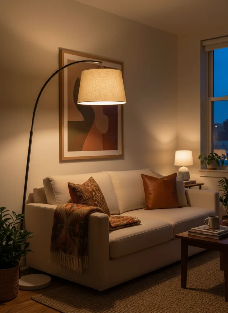 Editorial interior photography of a small apartment living room corner at dusk, a tall arc floor lamp with a cream linen shade positioned over the sofa end, casting a warm pool of directional light downward onto the sofa area, the overhead light is off and all light in the room comes from the floor lamp plus a small table lamp in the far corner, the layered warm lighting creates atmosphere and depth in the small space, the lamp's dark metal arc contrasts with the cream sofa, earthy warm tones, photorealistic, ultra high resolution, no people, no text, vertical portrait 1000x1500