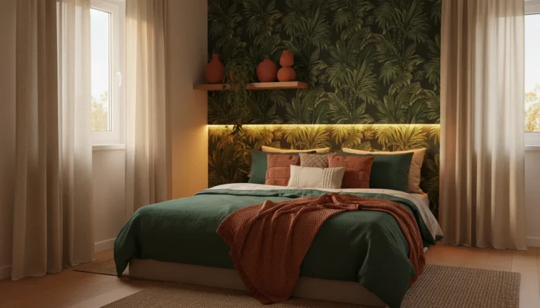 Editorial interior photography of a small bedroom styled in a full dopamine decorating aesthetic, deep jade green linen duvet on a low-profile bed, dark botanical peel-and-stick wallpaper behind the headboard with large tropical leaf prints in forest green and cream, warm amber LED glow behind the headboard, terracotta ceramic vases on a floating wood shelf, trailing pothos plant, cream linen curtains floor to ceiling, warm golden evening light, earthy palette of jade green, terracotta and cream, photorealistic, ultra high resolution, no people, no text, vertical portrait 1000x1500