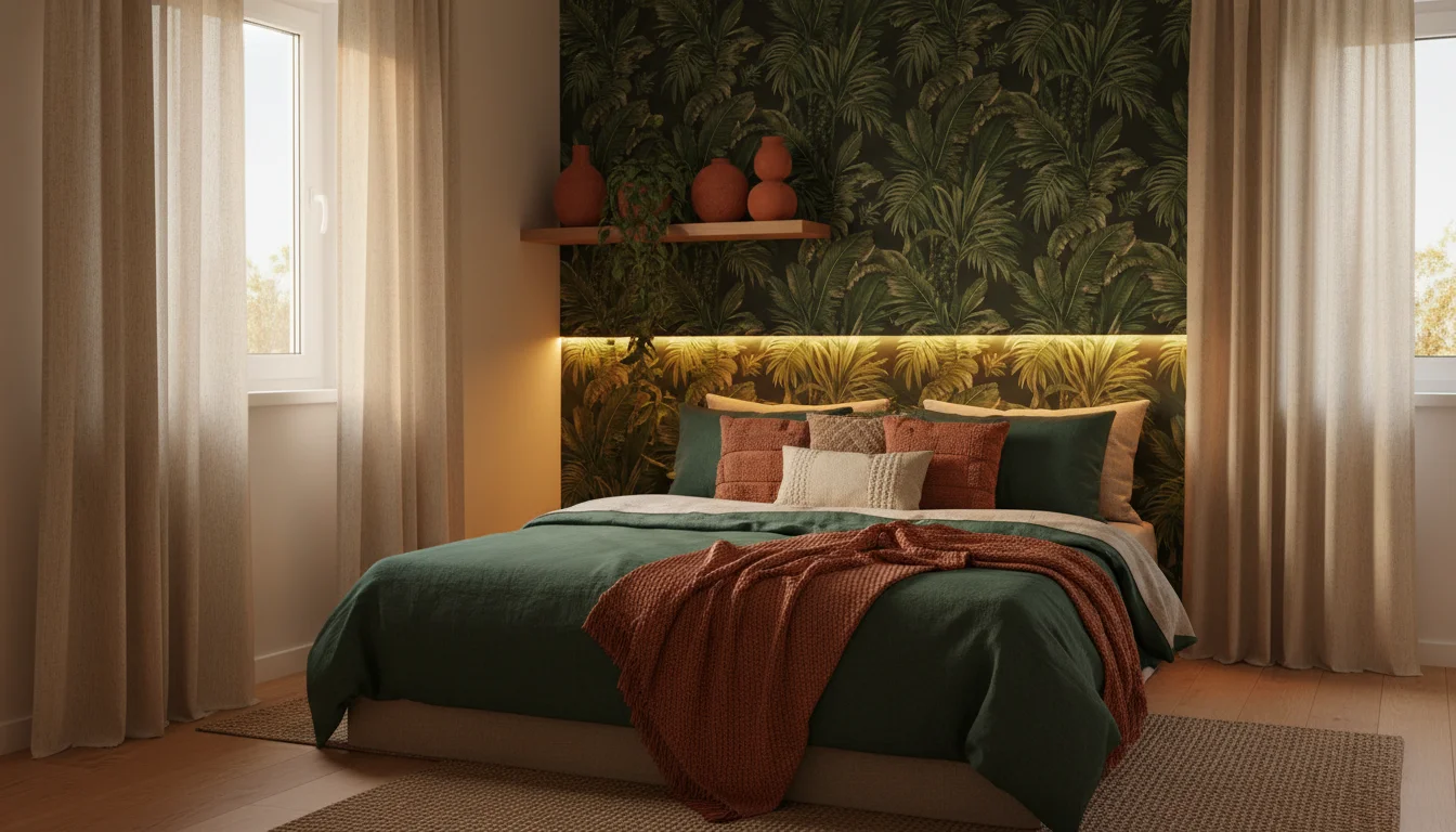 Editorial interior photography of a small bedroom styled in a full dopamine decorating aesthetic, deep jade green linen duvet on a low-profile bed, dark botanical peel-and-stick wallpaper behind the headboard with large tropical leaf prints in forest green and cream, warm amber LED glow behind the headboard, terracotta ceramic vases on a floating wood shelf, trailing pothos plant, cream linen curtains floor to ceiling, warm golden evening light, earthy palette of jade green, terracotta and cream, photorealistic, ultra high resolution, no people, no text, vertical portrait 1000x1500