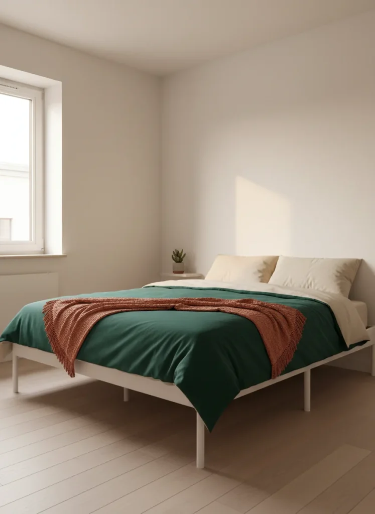 Editorial interior photography of a very small apartment bedroom approximately 120 square feet, showing a single bold design decision: a deep jade green duvet on a white bed frame against a plain white wall, the contrast between the bold bedding and the simple surroundings creating immediate visual impact, warm morning light from a small window, cream pillowcases, terracotta throw at foot of bed, photorealistic, ultra high resolution, no people, no text, vertical portrait 1000x1500