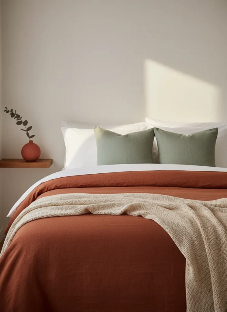  Editorial interior photography showing a close-up styled shot of a bed in a small bedroom, a deep terracotta linen-texture duvet cover with visible fabric detail, layered with two white standard pillow cases and two smaller sage green accent pillows, a cream waffle-knit throw folded neatly at the foot of the bed, a floating wood shelf on the left with a small terracotta ceramic vase and a dried eucalyptus stem, warm morning light, earthy palette, photorealistic, ultra high resolution, no people, no text, vertical portrait 1000x1500