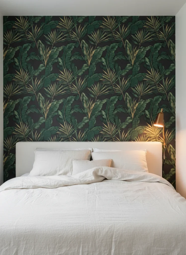 Editorial interior photography of a small bedroom headboard wall fully covered in removable peel-and-stick dark botanical wallpaper, large tropical leaves in deep forest green and muted gold on a dark background, a white upholstered low-profile bed pushed against the wall, cream linen bedding in front of the dark wallpaper creating dramatic contrast, warm amber bedside lamp light from the right side, no drilling or permanent modifications visible, photorealistic, ultra high resolution, no people, no text, vertical portrait 1000x1500