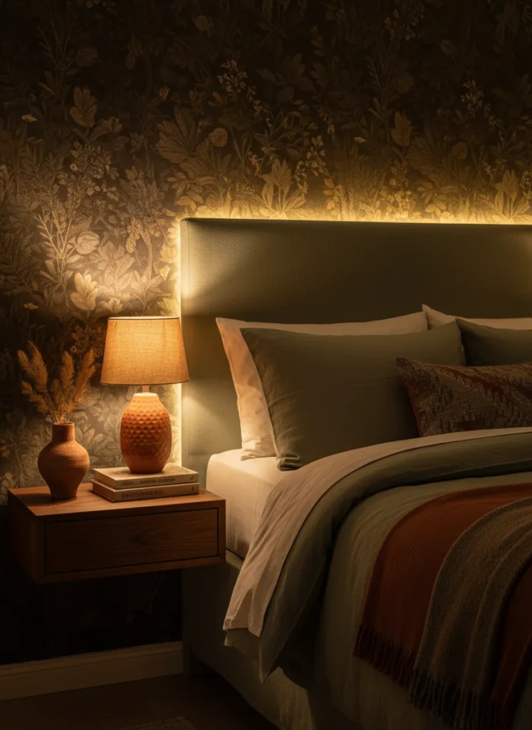 Editorial interior photography of a small bedroom at night showing layered warm lighting with no overhead light on, warm amber LED strip light glowing from behind a linen upholstered headboard casting a halo on the dark botanical wallpaper behind it, a small ceramic table lamp on the floating nightstand casting warm light on a stack of books and a terracotta vase, the room has a cozy atmospheric glow with visible shadows creating depth, sage green and terracotta color accents visible in the bedding, photorealistic, ultra high resolution, no people, no text, vertical portrait 1000x1500