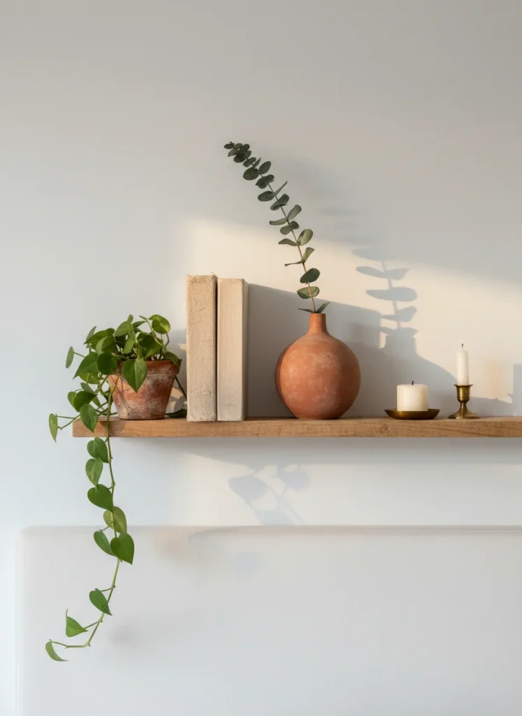Editorial interior photography of a small bedroom floating wood shelf styled as a personal mood-board display, a trailing pothos plant in a small terracotta pot at one end, two books with spines turned inward for texture, a round terracotta ceramic vase with a single dried eucalyptus stem, a small white candle in a brass holder, the shelf is mounted above the headboard on a white wall, warm side lighting, earthy palette, intimate and curated feel, photorealistic, ultra high resolution, no people, no text, vertical portrait 1000x1500