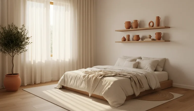 Editorial interior photography of a small bedroom painted in soft warm white with golden morning light streaming through sheer curtains, low profile bed with cream linen bedding, floating shelves with terracotta ceramics, the room feels airy and spacious despite small dimensions, warm earthy palette, no people, photorealistic, ultra high resolution, vertical portrait 1000x1500
