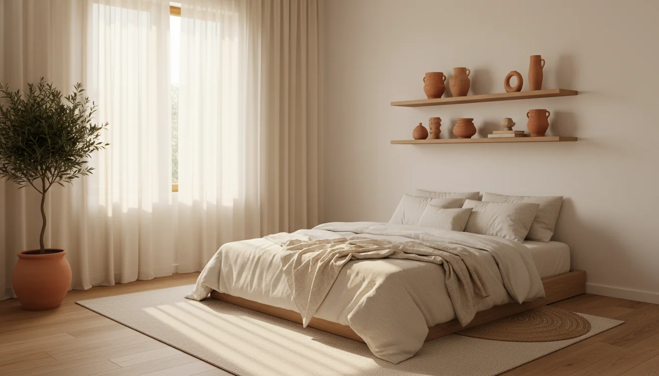 Editorial interior photography of a small bedroom painted in soft warm white with golden morning light streaming through sheer curtains, low profile bed with cream linen bedding, floating shelves with terracotta ceramics, the room feels airy and spacious despite small dimensions, warm earthy palette, no people, photorealistic, ultra high resolution, vertical portrait 1000x1500