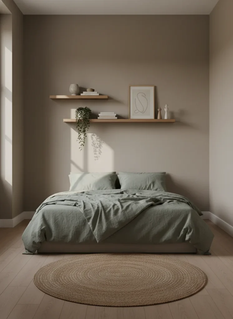 Editorial interior photography of a small bedroom painted in warm greige, a grey beige tone that reads as sophisticated and neutral, low profile bed with sage green linen bedding, natural wood floating shelves, warm afternoon light making the greige wall appear richer, the room feels calm and spacious, earthy palette, no people, photorealistic, ultra high resolution, vertical portrait 1000x1500