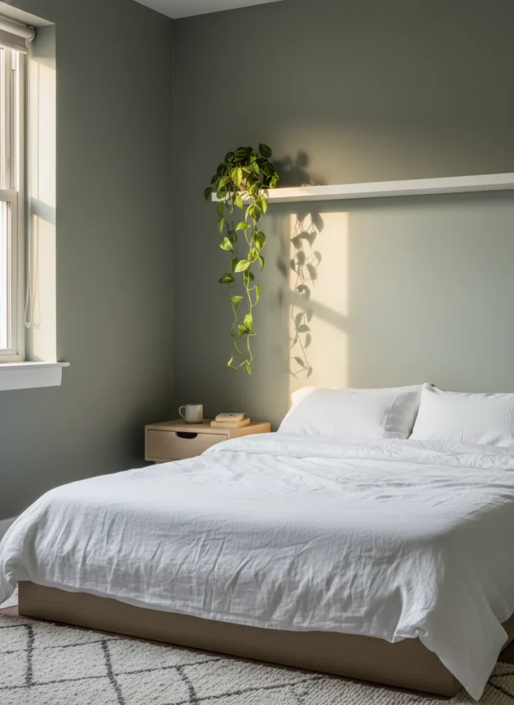 Editorial interior photography of a small bedroom painted in muted sage green, a grey-toned earthy green, the paint color makes the room feel organic and calm, white linen bedding on a low platform bed, a trailing pothos plant on a floating shelf, warm golden afternoon light, the sage walls feel alive and personal without being aggressive, no people, photorealistic, ultra high resolution, vertical portrait 1000x1500