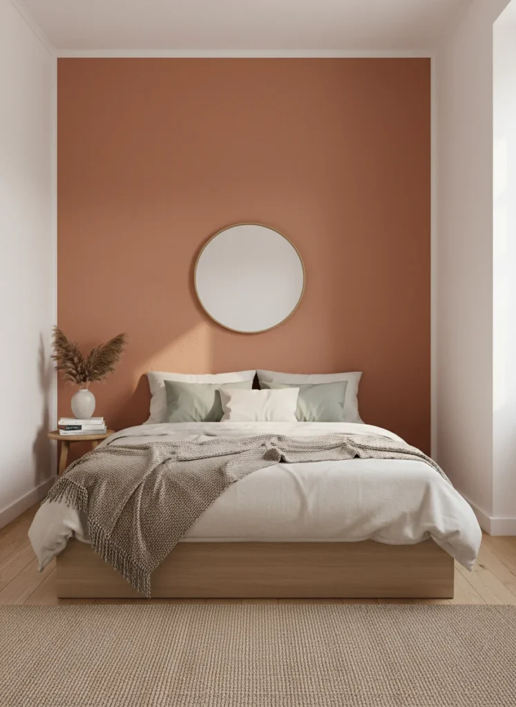 Editorial interior photography of a small bedroom with a single terracotta accent wall behind the bed, the other three walls remain white, the contrast between the warm terracotta accent wall and the white walls creates depth and visual interest without the room feeling smaller, low platform bed with cream and sage green bedding, the terracotta wall glows warmly in afternoon light, no people, photorealistic, ultra high resolution, vertical portrait 1000x1500