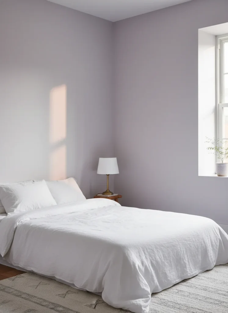Editorial interior photography of a small bedroom painted in pale lavender, a soft muted purple with pink and grey undertones, the color makes the room feel soft and dreamy without being overtly feminine, white bedding on a low bed, a small brass bedside lamp, warm morning light turning the lavender wall into a soft warm pink in direct sun, the room feels serene and spacious, no people, photorealistic, ultra high resolution, vertical portrait 1000x1500