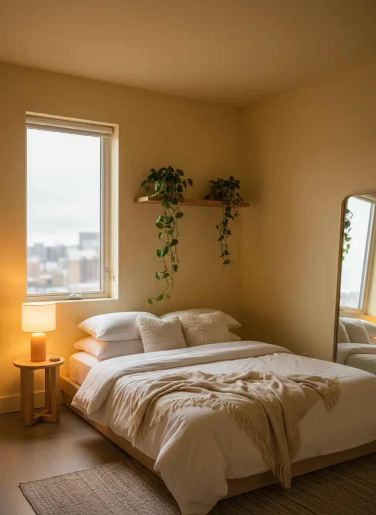 Editorial interior photography of a small north-facing bedroom painted in butter yellow, a warm soft yellow that substitutes for natural sunlight, the room glows warmly even though no direct sun is visible in the shot, low platform bed with white and cream bedding, a trailing plant on a floating shelf, warm afternoon lamp light, the yellow walls make the room feel bright and sunlit despite the limited natural light, no people, photorealistic, ultra high resolution, vertical portrait 1000x1500