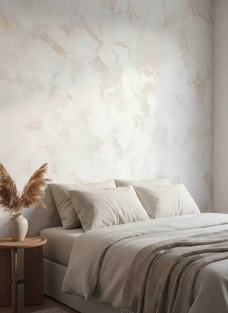 Editorial interior photography of a small bedroom with a limewash white wall showing organic textured finish, the limewash creates depth and movement on the wall surface with variations in tone from bright white to warm cream to slightly grey, the texture catches the light differently at different angles, low bed with cream bedding, the limewash wall adds visual interest without any color commitment, warm afternoon side lighting that makes the texture more visible, no people, photorealistic, ultra high resolution, vertical portrait 1000x1500