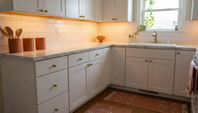 Editorial interior photography of a small rental kitchen transformed with renter-friendly decor, peel-and-stick white subway tile backsplash replacing original dated tile, brushed brass cabinet hardware on white flat-panel cabinets, marble-look contact paper on the countertop, under-cabinet warm LED strip lights illuminating the work surface, a bold terracotta runner rug on the floor, matching ceramic canisters on the counter, one small trailing plant on the windowsill, warm kitchen lighting, no people, photorealistic, ultra high resolution, vertical portrait 1000x1500