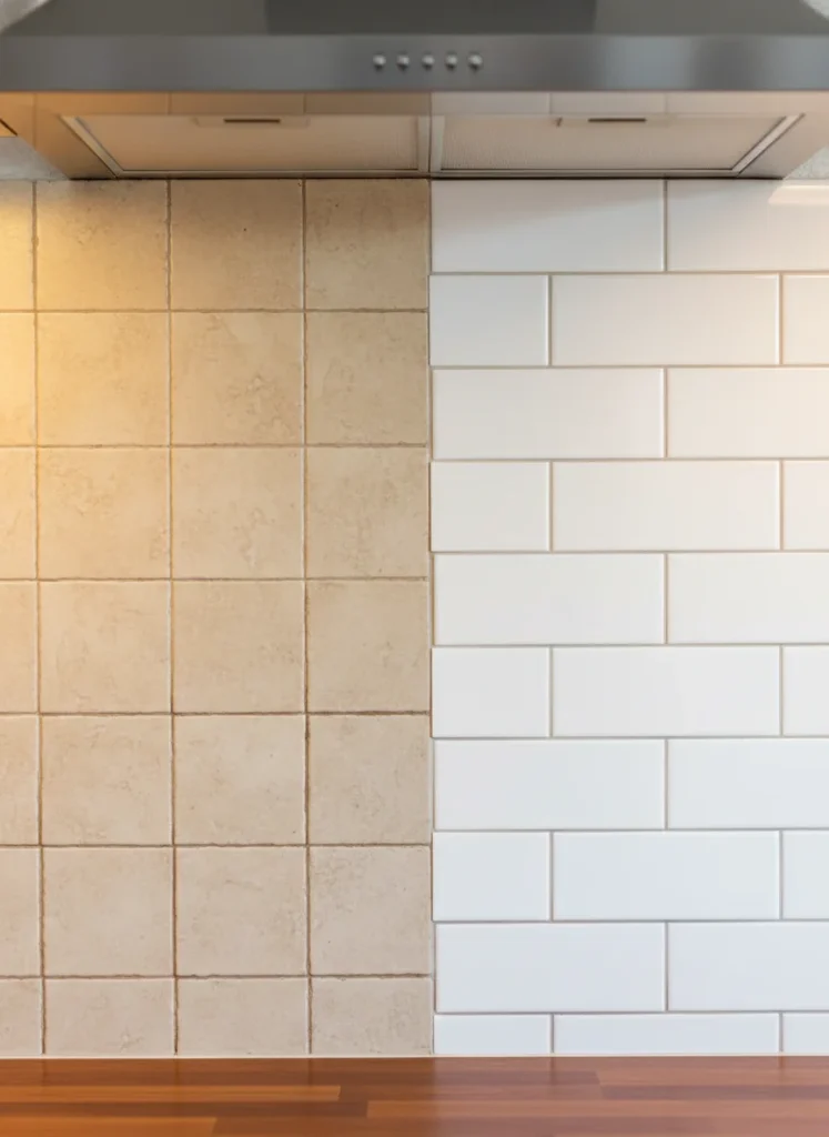 Editorial interior photography showing a close-up of a rental kitchen backsplash transformation, left half shows original dated beige ceramic tile with dingy grout, right half shows freshly applied peel-and-stick white subway tile sheets creating a clean modern look, the seam between old and new is intentionally shown to demonstrate the transformation, warm kitchen lighting from above, no people, photorealistic, ultra high resolution, vertical portrait 1000x1500