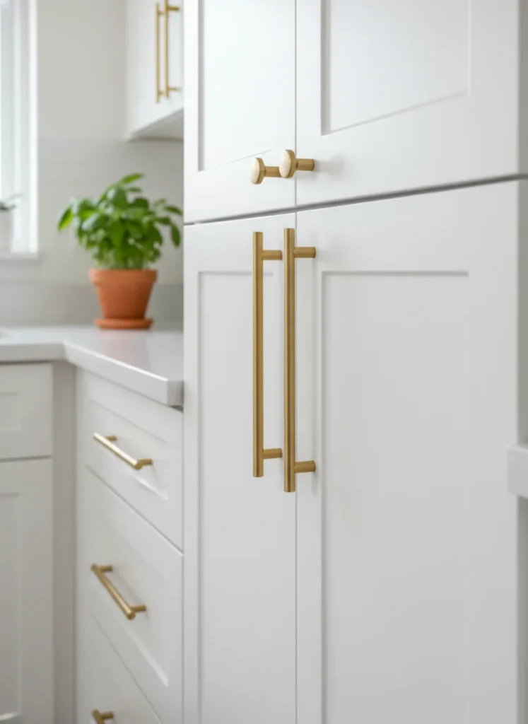 Editorial interior photography showing a close-up of rental kitchen cabinet hardware swap, flat-panel white cabinet doors with brushed brass bar pulls replacing original basic silver knobs, the hardware change alone has given the cabinets a modern upscale look, a single potted herb in a terracotta pot visible on the counter below, warm lighting, no people, photorealistic, ultra high resolution, vertical portrait 1000x1500