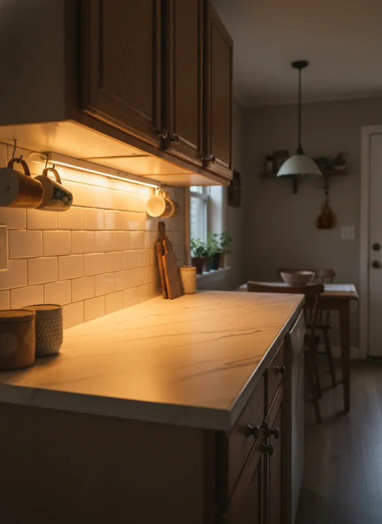 Editorial interior photography of a small rental kitchen at evening time showing plug-in LED under-cabinet strip lights illuminating the countertop below, the warm amber light from under the upper cabinets makes the work surface dramatically brighter and the kitchen atmosphere significantly warmer and more inviting, marble-look contact paper countertop visible below the light, white subway tile backsplash, warm earthy tones, no people, photorealistic, ultra high resolution, vertical portrait 1000x1500