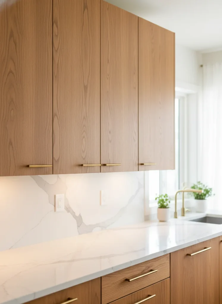  Editorial interior photography showing flat-panel kitchen cabinet doors covered in a warm wood grain contact paper, the transformation from plain white laminate to a wood grain finish is dramatic, the cabinets look like they were professionally refinished rather than contact-papered, brushed brass bar pulls on each door, marble countertop below, warm kitchen lighting, no people, photorealistic, ultra high resolution, vertical portrait 1000x1500