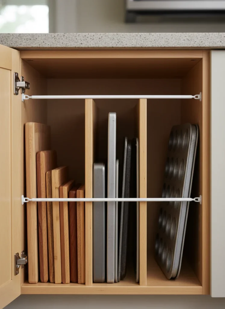  Editorial interior photography showing the inside of a kitchen cabinet with two tension rods installed horizontally between the cabinet walls creating vertical dividers, cutting boards, baking sheets and a muffin tin standing upright in the divided spaces, the organization transforms a previously cluttered cabinet into an efficient vertical storage system, warm interior lighting, no permanent modifications visible, no people, photorealistic, ultra high resolution, vertical portrait 1000x1500