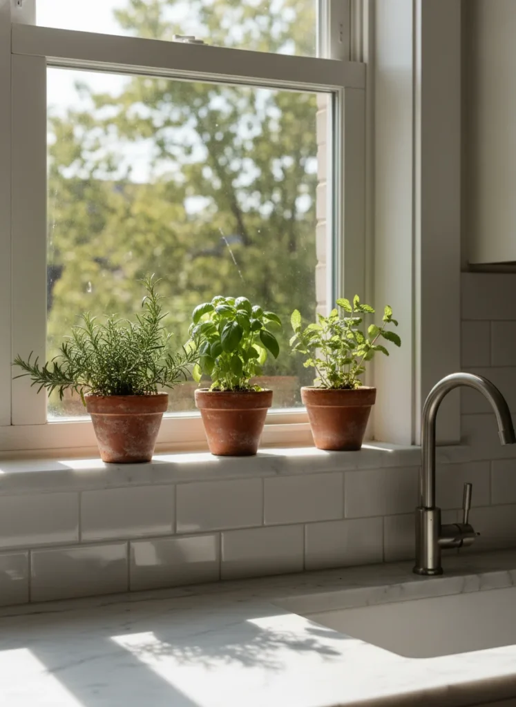 Editorial interior photography of a small rental kitchen window with a single potted herb garden, three small terracotta pots containing rosemary, basil and mint sitting on the windowsill, natural morning light coming through the window illuminating the plants, the plants bring life and softness to an otherwise utilitarian kitchen space, subway tile backsplash visible below the window, marble countertop, warm earthy tones, no people, photorealistic, ultra high resolution, vertical portrait 1000x1500
