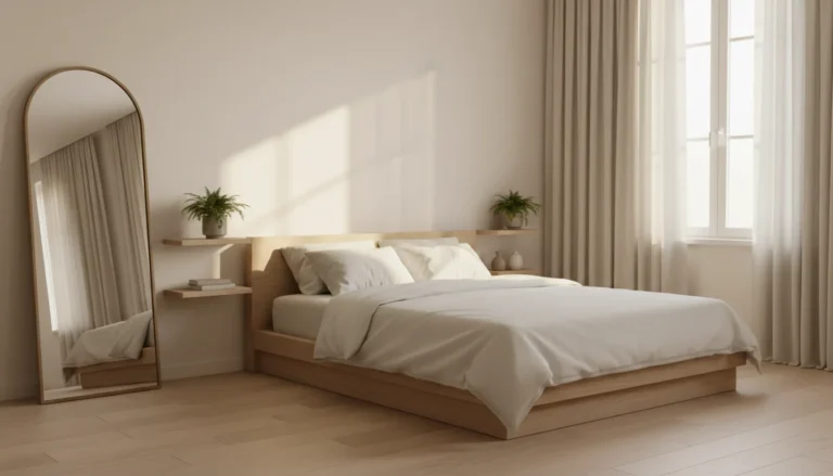 Editorial interior photography of a beautifully decorated 10x10 bedroom, low-profile platform bed in natural wood with white linen bedding centered against the wall, large arch floor mirror leaning against the left wall reflecting window light, ceiling-height cream curtains, floating wall shelves beside the bed instead of nightstands, clear floor space visible on all sides of the bed, warm morning light, earthy cream and sage palette, photorealistic, ultra high resolution, no people, no text, vertical portrait 1000x1500