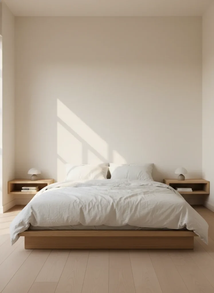 Editorial interior photography of a low-profile platform bed frame in natural light wood, approximately 12 inches from floor to top of frame with no footboard, white linen bedding, the low height of the bed makes the room ceiling appear significantly higher, floating wood shelf nightstands on each side, 10x10 bedroom, cream walls, warm morning light, no people, photorealistic, ultra high resolution, vertical portrait 1000x1500