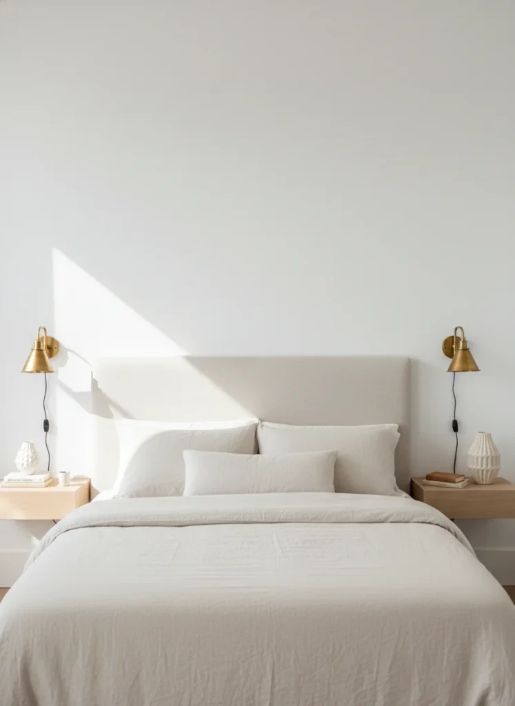 Editorial interior photography of a 10x10 bedroom showing wall-mounted bedside lighting, two small brass wall sconces mounted at reading height on either side of the bed headboard, the nightstand surfaces below each sconce are completely clear, a small book and a single ceramic vase are all that sits on each floating shelf nightstand, warm golden lamp light, white walls, cream bedding, no people, photorealistic, ultra high resolution, vertical portrait 1000x1500