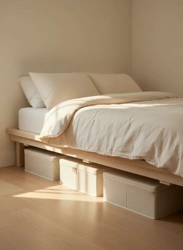 Editorial interior photography showing under-bed storage in a small 10x10 bedroom, the bed is raised on discreet bed risers, three matching flat linen-covered under-bed storage boxes with zipper closure visible from the side, the bed frame itself is a low platform style, the floor on either side of the bed is completely clear of furniture, warm morning light, cream palette, no people, photorealistic, ultra high resolution, vertical portrait 1000x1500