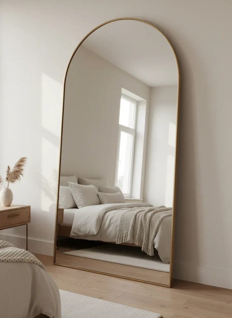 Editorial interior photography of a 10x10 bedroom showing a large arch floor mirror approximately 65 inches tall leaning against the wall directly across from the window, the mirror visibly reflects the window light back into the room doubling the apparent brightness, cream bedding on a low platform bed visible in the reflection, the room appears significantly larger and brighter due to the mirror placement, natural morning light, no people, photorealistic, ultra high resolution, vertical portrait 1000x1500